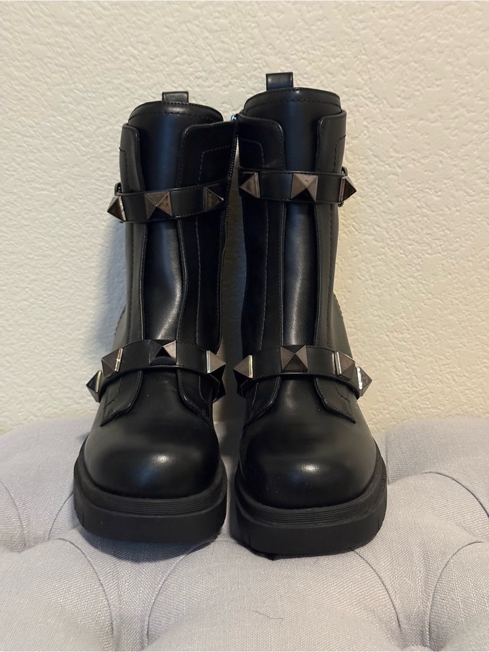 Nine West Black Leather Stud-Trim Combat Boots